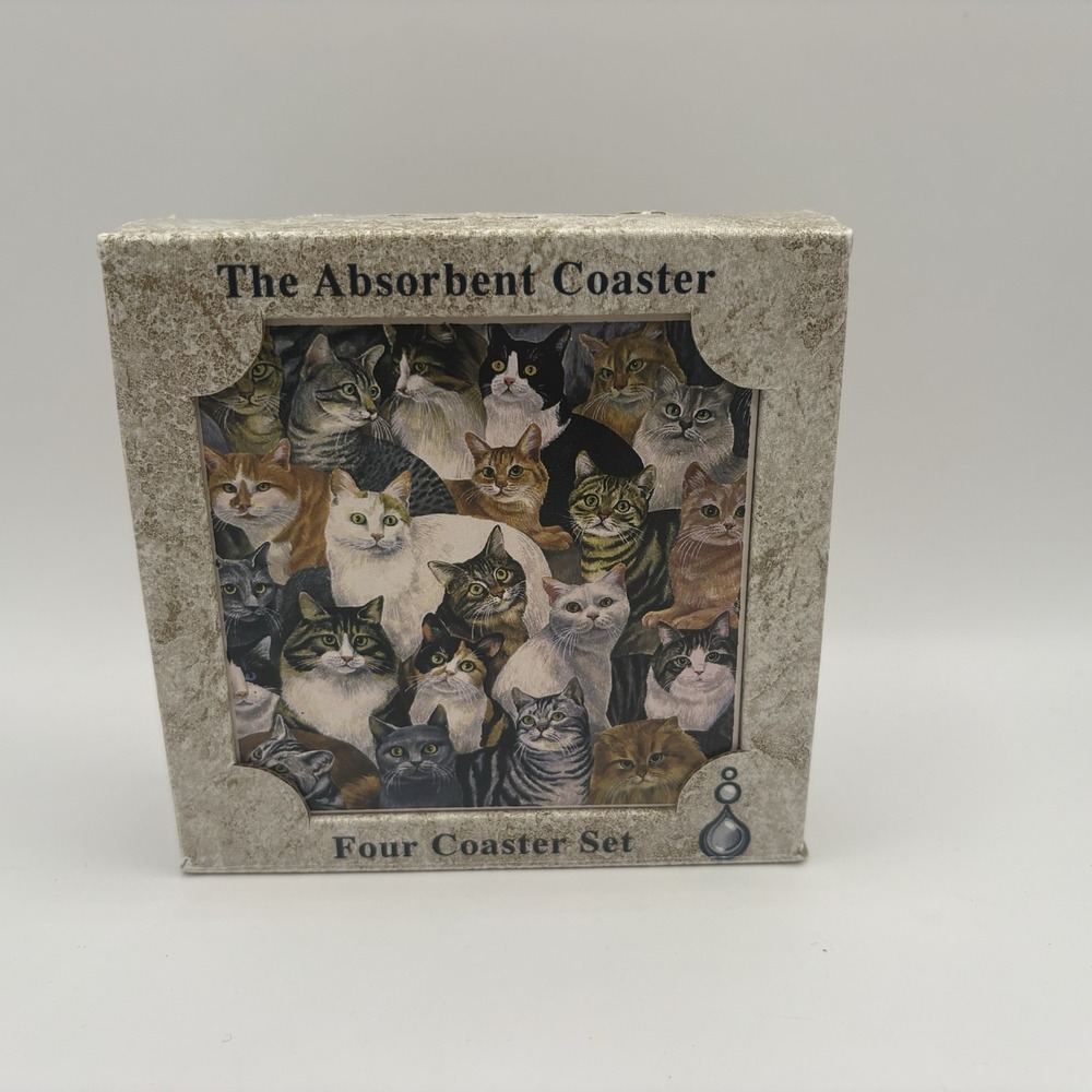 Absorbastone Set Of 4 Coasters Cats Kittens Unused In Box Nice 3in X 3in